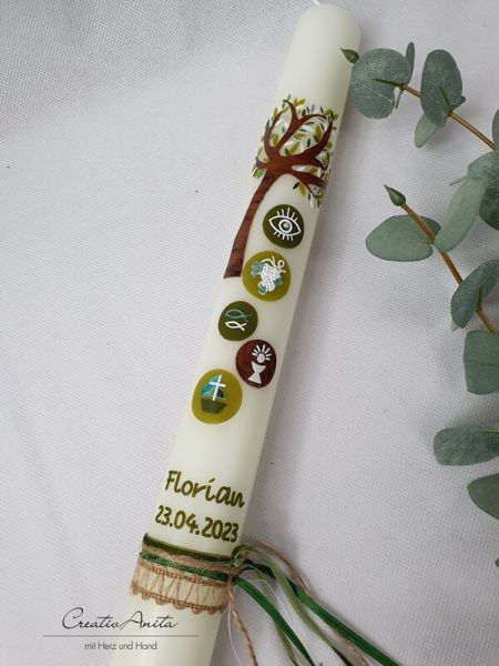 Kommunionkerze Baum in Olive-Braun mit christlichen Symbolen